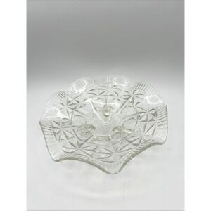 VTG Clear Pressed Glass‎ 3 Footed Bowl Swirl Ribbed Pattern 8.75" Scalloped Edge